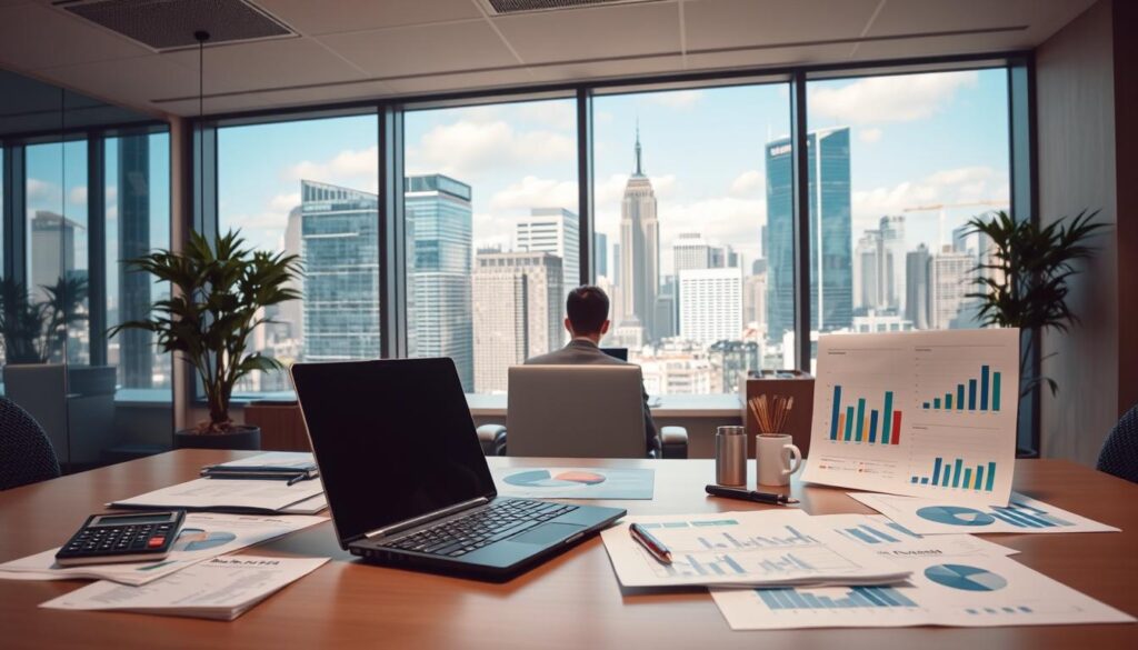 A well-lit office setting, with a desk in the foreground displaying a laptop, calculator, and various documents. In the middle ground, a person in business attire sits at the desk, surrounded by charts, graphs, and market data. The background features a large window overlooking a bustling city skyline, symbolizing the broader economic landscape. The overall scene conveys a sense of research, analysis, and preparation for an important salary negotiation. A well-lit office setting, with a desk in the foreground displaying a laptop, calculator, and various documents. In the middle ground, a person in business attire sits at the desk, surrounded by charts, graphs, and market data. The background features a large window overlooking a bustling city skyline, symbolizing the broader economic landscape. The overall scene conveys a sense of research, analysis, and preparation for an important salary negotiation.