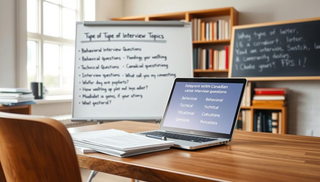 A well-lit office setting with a wooden desk and chair in the foreground. On the desk, a stack of papers, a pen, and an open laptop displaying various types of interview questions. In the middle ground, a whiteboard or chalkboard showcasing a list of common interview topics such as behavioral, technical, and situational questions. The background features a bookshelf filled with relevant career development resources, with a window letting in natural light. The scene conveys a professional, organized, and thoughtful atmosphere, suitable for understanding the diverse types of Canadian interview questions. A well-lit office setting with a wooden desk and chair in the foreground. On the desk, a stack of papers, a pen, and an open laptop displaying various types of interview questions. In the middle ground, a whiteboard or chalkboard showcasing a list of common interview topics such as behavioral, technical, and situational questions. The background features a bookshelf filled with relevant career development resources, with a window letting in natural light. The scene conveys a professional, organized, and thoughtful atmosphere, suitable for understanding the diverse types of Canadian interview questions.