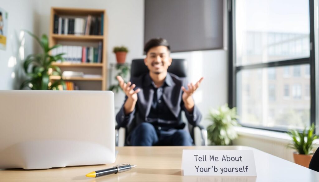 A well-lit office space, with a desk in the foreground displaying a laptop, a pen, and a name tag that reads "Tell Me About Yourself". In the middle ground, a person sits in a chair, facing the camera with a warm, confident expression, gesturing as if in the midst of an interview response. The background showcases a bookshelf, a potted plant, and a large window that allows natural light to flood the scene, creating a sense of professionalism and openness. The overall atmosphere is one of thoughtful introspection and a well-prepared, authentic self-presentation. A well-lit office space, with a desk in the foreground displaying a laptop, a pen, and a name tag that reads "Tell Me About Yourself". In the middle ground, a person sits in a chair, facing the camera with a warm, confident expression, gesturing as if in the midst of an interview response. The background showcases a bookshelf, a potted plant, and a large window that allows natural light to flood the scene, creating a sense of professionalism and openness. The overall atmosphere is one of thoughtful introspection and a well-prepared, authentic self-presentation.