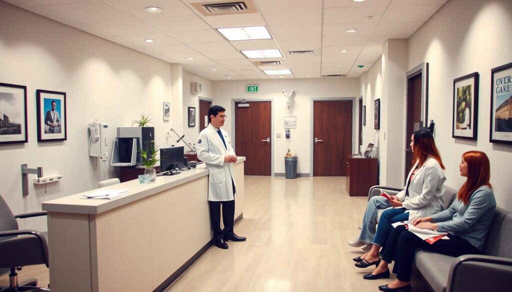 A well-lit, professional medical office interior with a reception desk, waiting area, and examination room visible. A panel physician in a white coat stands greeting a patient at the reception desk, while other patients sit in the waiting area. The room has modern furnishings, medical equipment, and calming, muted colors. Soft, directional lighting casts a warm glow, and the scene has a sense of efficiency and care. The overall atmosphere conveys the expertise and trustworthiness of a qualified panel physician conducting immigration medical exams. A well-lit, professional medical office interior with a reception desk, waiting area, and examination room visible. A panel physician in a white coat stands greeting a patient at the reception desk, while other patients sit in the waiting area. The room has modern furnishings, medical equipment, and calming, muted colors. Soft, directional lighting casts a warm glow, and the scene has a sense of efficiency and care. The overall atmosphere conveys the expertise and trustworthiness of a qualified panel physician conducting immigration medical exams.