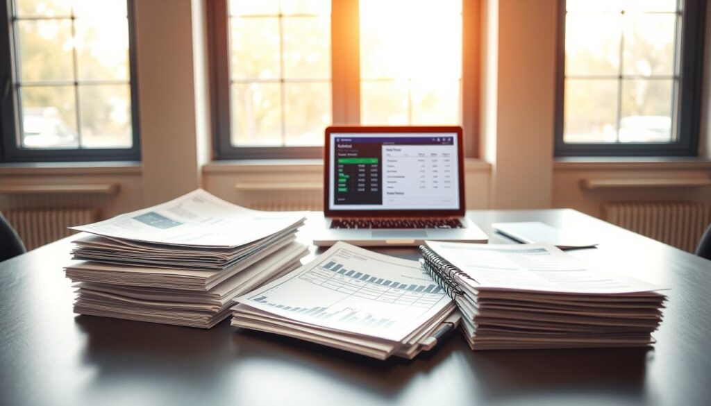 A well-organized personal net worth documentation, displayed on a sleek, minimalist desk. In the foreground, a stack of financial statements, bank statements, and investment portfolio printouts, neatly arranged. A modern laptop, its screen showcasing an interactive net worth calculator application, occupies the middle ground. In the background, a warm, natural lighting filters through large windows, casting a soft, professional glow over the scene. The overall atmosphere conveys a sense of financial diligence, attention to detail, and a commitment to personal financial management. A well-organized personal net worth documentation, displayed on a sleek, minimalist desk. In the foreground, a stack of financial statements, bank statements, and investment portfolio printouts, neatly arranged. A modern laptop, its screen showcasing an interactive net worth calculator application, occupies the middle ground. In the background, a warm, natural lighting filters through large windows, casting a soft, professional glow over the scene. The overall atmosphere conveys a sense of financial diligence, attention to detail, and a commitment to personal financial management.