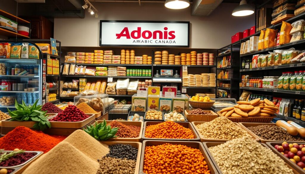 A well-stocked Middle Eastern grocery store, Adonis, with a vibrant display of traditional foods and products. In the foreground, colorful spices, herbs, and dried fruits in wooden crates catch the eye. The middle ground showcases a variety of Middle Eastern breads, pastries, and packaged goods, neatly arranged on shelves. In the background, the store's signage prominently features the "Arabic Canada" brand, reflecting the store's connection to the local Middle Eastern community. The lighting is warm and inviting, casting a cozy glow over the diverse selection of authentic ingredients and delicacies, creating an atmosphere of cultural heritage and culinary exploration. A well-stocked Middle Eastern grocery store, Adonis, with a vibrant display of traditional foods and products. In the foreground, colorful spices, herbs, and dried fruits in wooden crates catch the eye. The middle ground showcases a variety of Middle Eastern breads, pastries, and packaged goods, neatly arranged on shelves. In the background, the store's signage prominently features the "Arabic Canada" brand, reflecting the store's connection to the local Middle Eastern community. The lighting is warm and inviting, casting a cozy glow over the diverse selection of authentic ingredients and delicacies, creating an atmosphere of cultural heritage and culinary exploration.