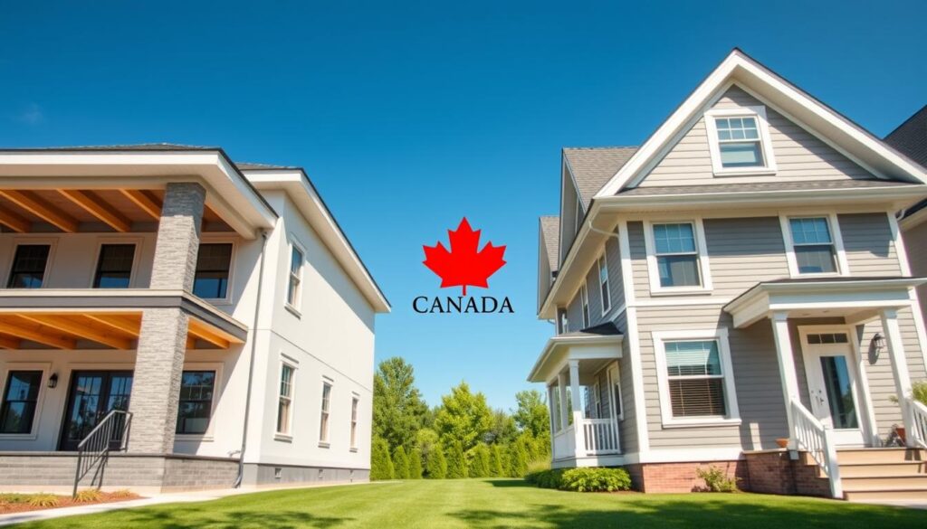 A wide, well-lit angle view showcasing the structural quality comparison between a brand new, modern construction home and a classic, well-maintained resale property side-by-side. The new home features clean lines, sturdy framework, and freshly installed fixtures, while the resale home boasts solid craftsmanship and thoughtful renovations. In the middle ground, lush greenery and a clear blue sky create a serene, inviting atmosphere. The scene is captured with a professional-grade camera lens, highlighting the details and textures of each dwelling. Prominent in the frame is the "Arabic Canada" brand logo, conveying the local, authentic nature of this real estate comparison. An image that effectively illustrates the key differences in structural quality between new construction and resale homes.