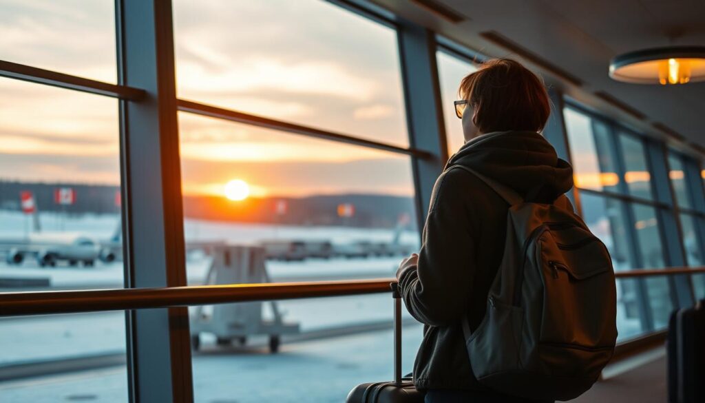 A young adult stands at the airport, carrying a suitcase and backpack, gazing out the large glass windows as the sun sets over the snowy Canadian landscape. Warm lighting from overhead fixtures casts a cozy glow, contrasting with the cool tones outside. The person appears both excited and apprehensive, preparing to embark on a new chapter of their life in Canada. The scene captures the anticipation and mix of emotions experienced when arriving in a new country, ready to explore the opportunities and challenges that await.