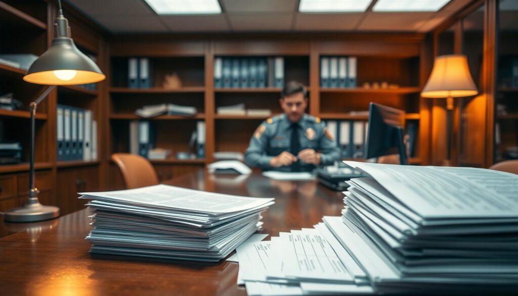 An administrative office interior, meticulously documenting the criminal record process. In the foreground, a stack of official forms and files rests on a polished wooden desk, under the warm glow of a desk lamp. In the middle ground, a uniformed officer sits at a computer, carefully reviewing documents. The background features shelves lined with binders and cabinets, conveying a sense of order and bureaucracy. The lighting is soft and subtle, creating a contemplative atmosphere, as the officer diligently navigates the intricacies of the criminal record documentation procedure.