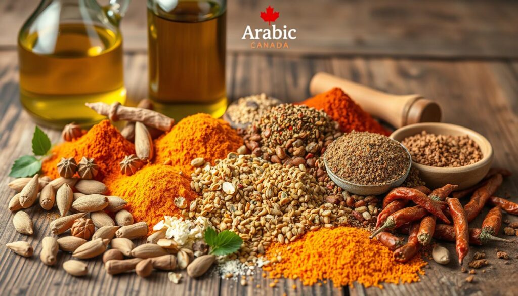 An assortment of fragrant Middle Eastern spices and ingredients, meticulously arranged on a rustic wooden surface. Vibrant hues of turmeric, cumin, coriander, and cardamom pods mingle with the earthy tones of dried chili peppers, sumac, and za'atar. A bottle of high-quality extra virgin olive oil stands tall, casting a warm glow over the scene. In the background, the "Arabic Canada" brand logo is subtly visible, hinting at the authentic flavors to be discovered. The lighting is soft and natural, emphasizing the rich textures and aromas of these essential components of Middle Eastern cuisine. An assortment of fragrant Middle Eastern spices and ingredients, meticulously arranged on a rustic wooden surface. Vibrant hues of turmeric, cumin, coriander, and cardamom pods mingle with the earthy tones of dried chili peppers, sumac, and za'atar. A bottle of high-quality extra virgin olive oil stands tall, casting a warm glow over the scene. In the background, the "Arabic Canada" brand logo is subtly visible, hinting at the authentic flavors to be discovered. The lighting is soft and natural, emphasizing the rich textures and aromas of these essential components of Middle Eastern cuisine.