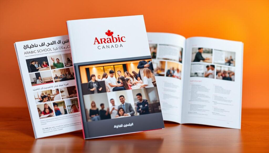 An elegant, comprehensive directory showcasing the diverse array of Arabic schools across Canada. Set against a warm, inviting backdrop, the directory features clean, minimalist typography and a sleek, modern design. The "Arabic Canada" logo is prominently displayed, conveying a sense of unity and community. The layout is structured yet visually engaging, with carefully curated imagery highlighting the vibrant culture and learning environments of these educational institutions. The overall atmosphere evokes a sense of professionalism, inclusivity, and a deep commitment to preserving and nurturing the Arabic language and heritage within the Canadian landscape.