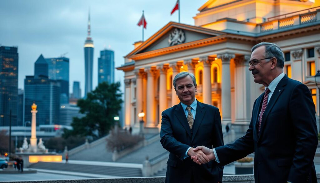 An elegant government building, its neoclassical facade illuminated by warm, golden lighting. In the foreground, two diplomats in formal attire shake hands, expressions thoughtful yet cordial, conveying a sense of diplomatic rapport. The background depicts a cityscape, skyscrapers and monuments juxtaposed, symbolizing the interconnectedness of global politics. The scene emanates an atmosphere of diplomatic influence, power, and international cooperation, reflecting the complexities of government visa policies and their impact on Canadian-Arab relations. An elegant government building, its neoclassical facade illuminated by warm, golden lighting. In the foreground, two diplomats in formal attire shake hands, expressions thoughtful yet cordial, conveying a sense of diplomatic rapport. The background depicts a cityscape, skyscrapers and monuments juxtaposed, symbolizing the interconnectedness of global politics. The scene emanates an atmosphere of diplomatic influence, power, and international cooperation, reflecting the complexities of government visa policies and their impact on Canadian-Arab relations.
