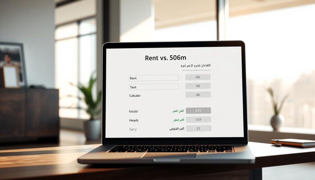 An elegant, highly detailed render of a "rent vs buy calculator Canada" interface on a laptop screen, set against a modern, minimalist office environment. Soft natural lighting filters through large windows, casting a warm glow across the desk and surroundings. The calculator is prominently displayed, with clean typography and intuitive controls. Subtle branding for "Arabic Canada" is tastefully integrated. The overall composition conveys a sense of productivity, informed decision-making, and the thoughtful consideration of one's housing options.
