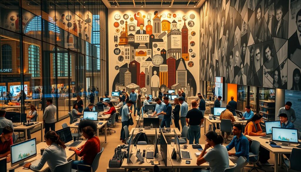 An expansive community center bustling with innovative ventures, its glass-paneled facade reflecting the vibrant cityscape beyond. In the foreground, entrepreneurs collaborate at sleek workstations, surrounded by cutting-edge technology. The middle ground showcases a bustling atrium, where mentors guide aspiring innovators, their faces alight with inspiration. In the background, a towering mural depicts a montage of impactful projects, each a testament to the community's transformative influence. Warm, ambient lighting casts a sense of purpose and progress, while the overall composition conveys a dynamic, forward-thinking atmosphere.