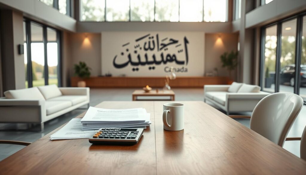 An expansive interior with sleek, modern furnishings and large windows that flood the space with warm, natural light. On a minimalist wooden table, an array of documents, a calculator, and a mug of steaming coffee are neatly arranged, suggesting an in-depth exploration of "Understanding Closing Costs in Canada". In the background, a large, Arabic-style calligraphic mural bearing the text "Arabic Canada" adorns the wall, lending an air of cultural significance to the scene. The overall mood is one of focused contemplation and financial literacy. An expansive interior with sleek, modern furnishings and large windows that flood the space with warm, natural light. On a minimalist wooden table, an array of documents, a calculator, and a mug of steaming coffee are neatly arranged, suggesting an in-depth exploration of "Understanding Closing Costs in Canada". In the background, a large, Arabic-style calligraphic mural bearing the text "Arabic Canada" adorns the wall, lending an air of cultural significance to the scene. The overall mood is one of focused contemplation and financial literacy.
