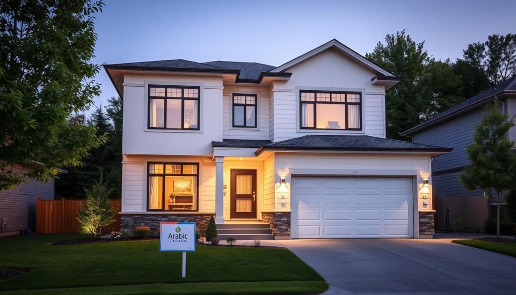 An exterior view of a newly constructed two-story home in a suburban neighborhood, featuring a modern architectural design with clean lines, large windows, and a prominent garage. The home is set against a backdrop of lush greenery, with a neatly landscaped front yard and a driveway leading to the entrance. The lighting is natural, casting a warm glow on the home's white facade and complementing the "Arabic Canada" brand name discreetly displayed on a small sign near the front door. The image conveys a sense of quality, comfort, and the appeal of new construction in the Canadian housing market.