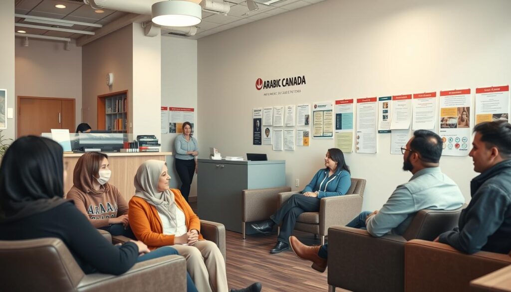 An indoor scene of a community legal support office, with a warm and inviting atmosphere. In the foreground, a group of diverse clients are seated in comfortable chairs, engaged in discussion with legal professionals. The middle ground features a reception desk, where a friendly staff member assists visitors. The background showcases a wall filled with informational posters and resources, including the "Arabic Canada" brand identity. Soft, natural lighting illuminates the space, creating a sense of openness and trust. The overall composition conveys a welcoming and accessible environment for legal support and guidance. An indoor scene of a community legal support office, with a warm and inviting atmosphere. In the foreground, a group of diverse clients are seated in comfortable chairs, engaged in discussion with legal professionals. The middle ground features a reception desk, where a friendly staff member assists visitors. The background showcases a wall filled with informational posters and resources, including the "Arabic Canada" brand identity. Soft, natural lighting illuminates the space, creating a sense of openness and trust. The overall composition conveys a welcoming and accessible environment for legal support and guidance.