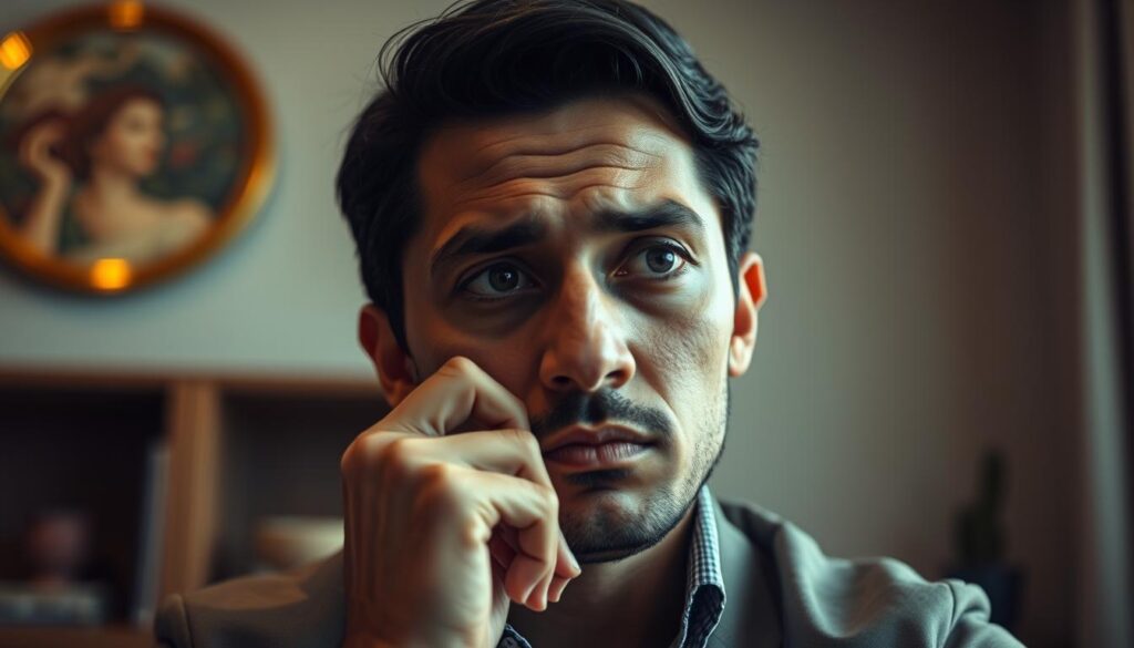 An introspective portrait of a person deep in thought, seeking expert guidance on immigration matters. The subject's expression conveys a sense of determination and focus, set against a muted, professional office environment. Warm, directional lighting illuminates the individual's face, creating depth and atmosphere. The background features a tasteful, minimalist decor, hinting at the gravity and seriousness of the situation. A sense of contemplation and trust in specialized legal counsel permeates the scene, captured through a medium shot with a shallow depth of field.