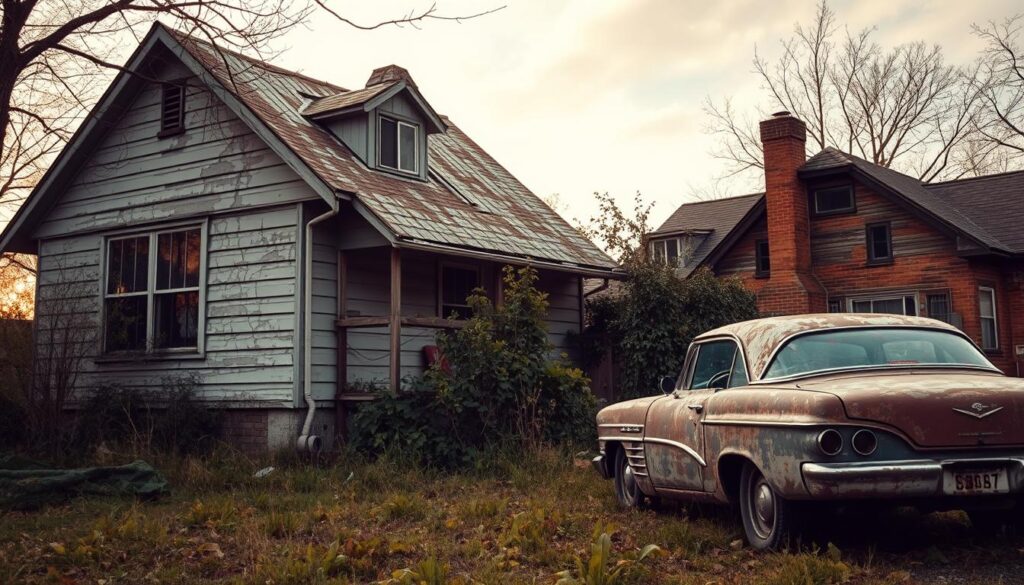 An old, rundown house with peeling paint, a sagging roof, and overgrown weeds in the yard. Damp, moldy walls, cracked foundations, and outdated electrical panels visible through the windows. A rusty, dilapidated car parked in the driveway, its tires flat. The scene is cast in a warm, amber-tinged light, hinting at the potential problems lurking beneath the surface. Arabic Canada home inspection red flags. An old, rundown house with peeling paint, a sagging roof, and overgrown weeds in the yard. Damp, moldy walls, cracked foundations, and outdated electrical panels visible through the windows. A rusty, dilapidated car parked in the driveway, its tires flat. The scene is cast in a warm, amber-tinged light, hinting at the potential problems lurking beneath the surface. Arabic Canada home inspection red flags.