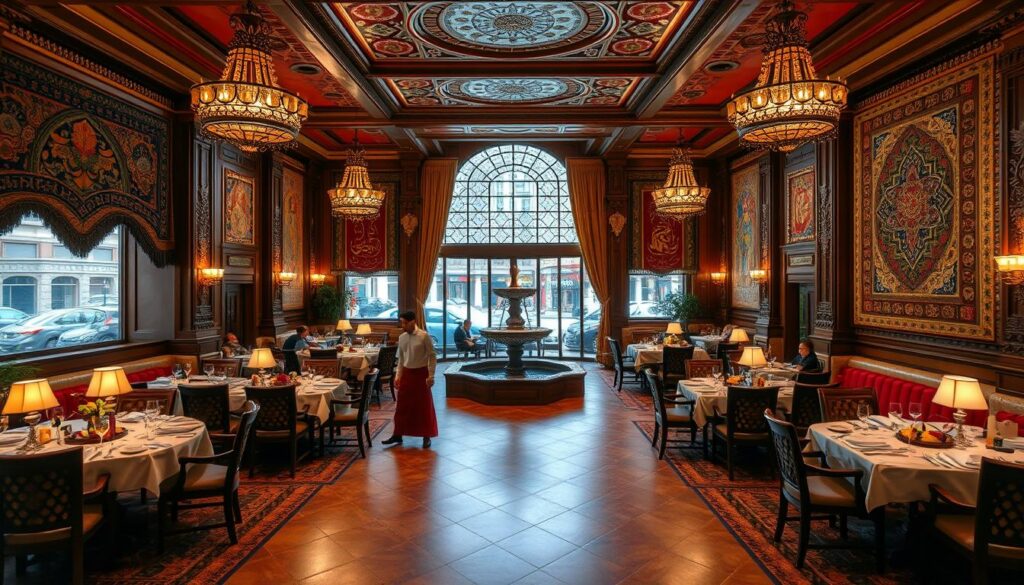 An opulent dining hall with a rich, heritage-inspired design. Ornate chandeliers cast a warm glow upon elaborately carved wooden furnishings and colorful woven tapestries adorning the walls. Intricate tile patterns in earthy hues cover the floor, leading to a central fountain feature. Servers in traditional garb move gracefully between tables, presenting an array of aromatic Middle Eastern dishes. A window offers a glimpse of bustling city streets outside, highlighting the connection between "Arabic Canada" and its vibrant cultural roots.