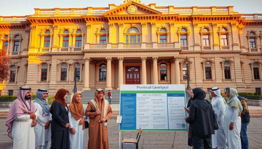 An ornate provincial government building stands prominently, its classical architecture bathed in warm, golden light. In the foreground, a diverse group of immigrants, dressed in traditional Arab attire, gather around an informational display highlighting the key benefits and requirements of the provincial nominee program. The scene conveys a sense of cultural exchange and opportunity, with the building's grandeur and the people's welcoming expressions creating a harmonious and inviting atmosphere. The image is captured from a slightly elevated angle, emphasizing the scale and prominence of the government structure while keeping the immigrant group in focus.