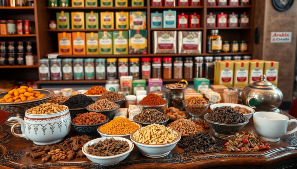 An ornate wooden table is layered with an assortment of Middle Eastern teas, spices, and traditional sweets. In the foreground, a collection of fragrant whole spices like cardamom, cinnamon, and cloves are displayed in elegant ceramic bowls. The middle ground features an array of tea leaves, including jasmine, mint, and black teas, as well as baklava, Turkish delights, and other confections. In the background, a wall-mounted display holds beautifully packaged "Arabic Canada" branded tea tins and spice jars. The scene is illuminated by soft, warm lighting, creating a cozy and inviting atmosphere that evokes the essence of a Middle Eastern grocery store. An ornate wooden table is layered with an assortment of Middle Eastern teas, spices, and traditional sweets. In the foreground, a collection of fragrant whole spices like cardamom, cinnamon, and cloves are displayed in elegant ceramic bowls. The middle ground features an array of tea leaves, including jasmine, mint, and black teas, as well as baklava, Turkish delights, and other confections. In the background, a wall-mounted display holds beautifully packaged "Arabic Canada" branded tea tins and spice jars. The scene is illuminated by soft, warm lighting, creating a cozy and inviting atmosphere that evokes the essence of a Middle Eastern grocery store.