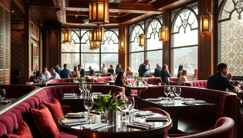 Azhar Kitchen + Bar: a warm, inviting dining atmosphere with a modern Arabic aesthetic. Sunlight filters through large windows, illuminating rich wooden furnishings and plush, jewel-toned seating. Decorative geometric patterns adorn the walls, complemented by hanging lanterns that cast a soft, ambient glow. Elegant place settings and fresh greenery on each table create an atmosphere of refined sophistication. In the background, patrons converse animatedly, immersed in the vibrant, yet relaxed ambiance of this "Arabic Canada" establishment. Azhar Kitchen + Bar: a warm, inviting dining atmosphere with a modern Arabic aesthetic. Sunlight filters through large windows, illuminating rich wooden furnishings and plush, jewel-toned seating. Decorative geometric patterns adorn the walls, complemented by hanging lanterns that cast a soft, ambient glow. Elegant place settings and fresh greenery on each table create an atmosphere of refined sophistication. In the background, patrons converse animatedly, immersed in the vibrant, yet relaxed ambiance of this "Arabic Canada" establishment.