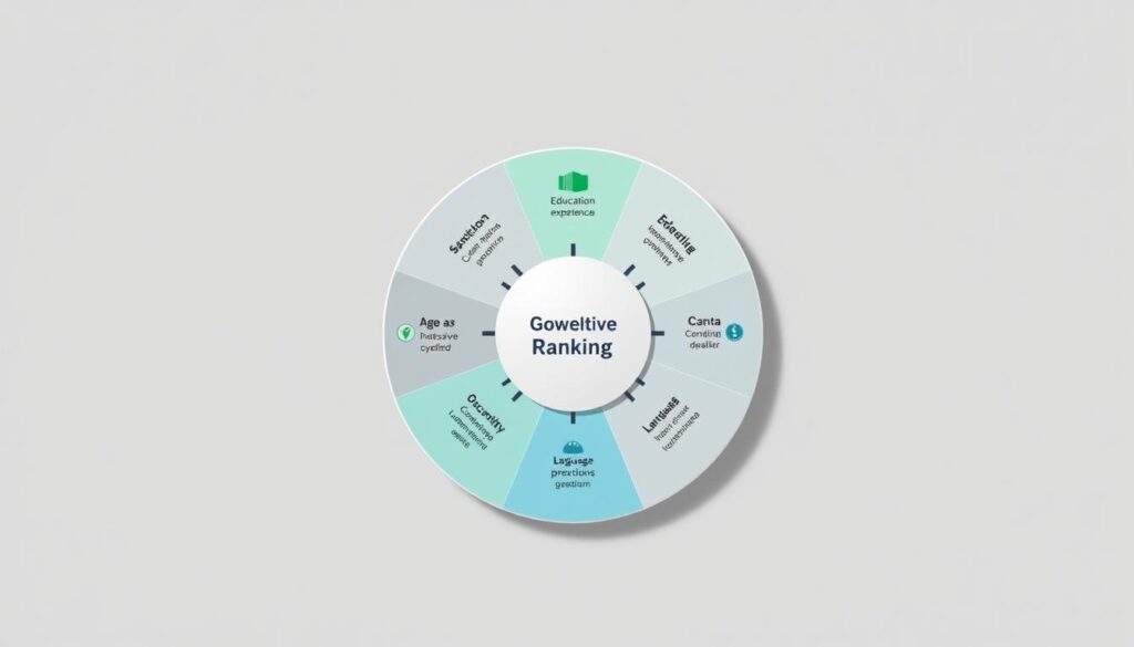 Comprehensive Ranking System factors: a sleek, minimalist illustration showcasing the key elements that determine Canada's immigration points system. A central hub with radiating spokes representing criteria like age, education, work experience, and language proficiency. Clean geometric shapes and icons convey the metrics in an intuitive, data-driven layout. Muted tones of gray, blue, and green create a professional, analytical atmosphere. Crisp lighting from an upper-left angle casts subtle shadows, emphasizing the structured, organized nature of the system. The overall composition strikes a balance between simplicity and informational density, reflecting the systematic nature of the Comprehensive Ranking System. Comprehensive Ranking System factors: a sleek, minimalist illustration showcasing the key elements that determine Canada's immigration points system. A central hub with radiating spokes representing criteria like age, education, work experience, and language proficiency. Clean geometric shapes and icons convey the metrics in an intuitive, data-driven layout. Muted tones of gray, blue, and green create a professional, analytical atmosphere. Crisp lighting from an upper-left angle casts subtle shadows, emphasizing the structured, organized nature of the system. The overall composition strikes a balance between simplicity and informational density, reflecting the systematic nature of the Comprehensive Ranking System.