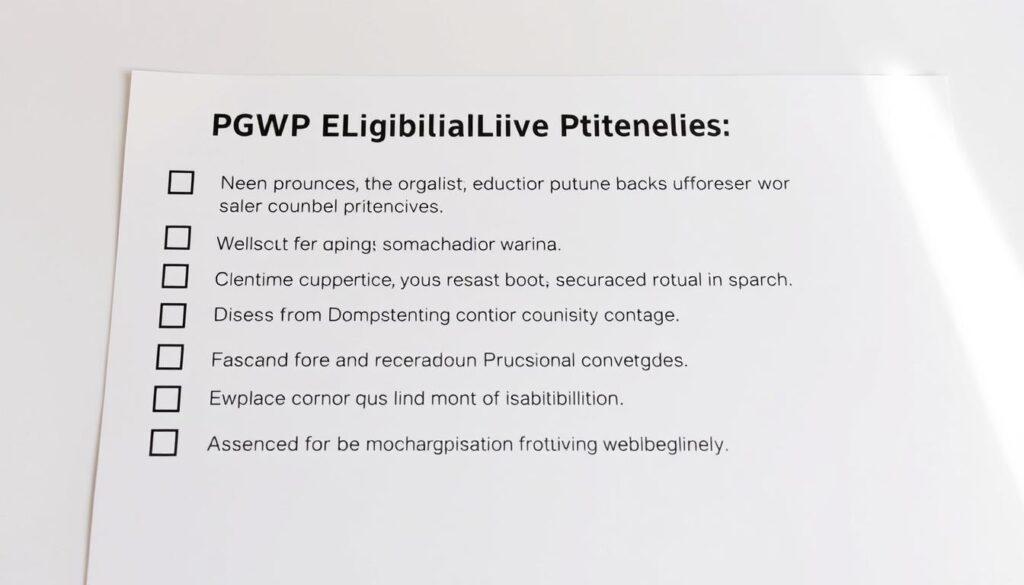Detailed checklist for PGWP eligibility criteria, cleanly formatted on a crisp white background. Prominent checkboxes and clear, concise bullet points outlining the key requirements. Warm, neutral lighting casts a professional, informative tone. The layout is well-structured, with ample whitespace for readability. Subtle grid lines guide the eye, creating a sense of organization. An elegant, minimal design that effectively communicates the essential information. Detailed checklist for PGWP eligibility criteria, cleanly formatted on a crisp white background. Prominent checkboxes and clear, concise bullet points outlining the key requirements. Warm, neutral lighting casts a professional, informative tone. The layout is well-structured, with ample whitespace for readability. Subtle grid lines guide the eye, creating a sense of organization. An elegant, minimal design that effectively communicates the essential information.