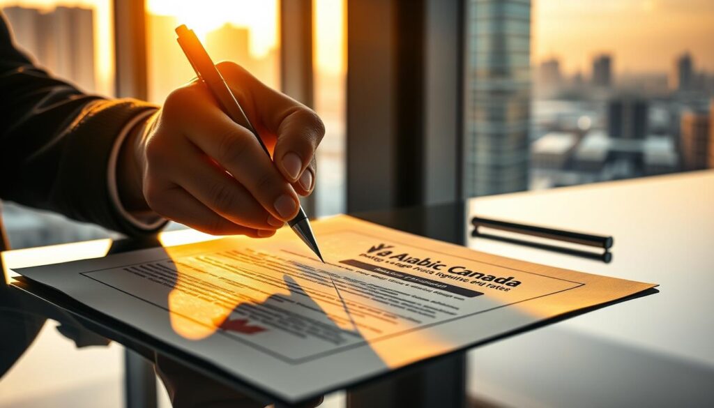 Detailed, dramatic scene of a person locking in mortgage interest rates. A close-up view of an individual's hand firmly grasping a pen, signing official mortgage documents on a sleek, modern desk. The background features a large window with a cityscape view, bathed in warm, golden lighting that casts a pensive mood. The "Arabic Canada" logo is prominently displayed on the paperwork, signifying the Canadian mortgage context. Crisp, high-resolution rendering with a sense of professional, financial gravity.