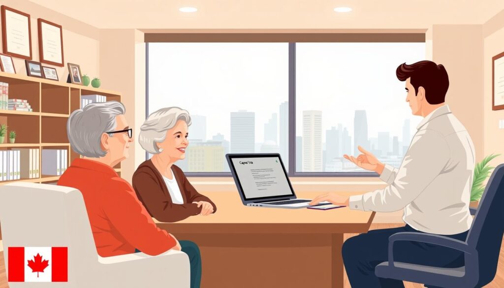 Detailed illustration of the eligibility requirements for parents and grandparents to obtain a Super Visa in Canada. Depicts a modern, professional office setting with a large desk, shelves, and framed certificates on the walls. In the foreground, a mature adult couple sits across from a casually-dressed immigration officer, engaged in a friendly discussion. The officer gestures towards a laptop displaying key visa details. The background features a large window offering a cityscape view, conveying a sense of bureaucratic efficiency. Soft, warm lighting and neutral tones create a welcoming, authoritative atmosphere. The image should convey the seriousness and importance of the visa application process. Detailed illustration of the eligibility requirements for parents and grandparents to obtain a Super Visa in Canada. Depicts a modern, professional office setting with a large desk, shelves, and framed certificates on the walls. In the foreground, a mature adult couple sits across from a casually-dressed immigration officer, engaged in a friendly discussion. The officer gestures towards a laptop displaying key visa details. The background features a large window offering a cityscape view, conveying a sense of bureaucratic efficiency. Soft, warm lighting and neutral tones create a welcoming, authoritative atmosphere. The image should convey the seriousness and importance of the visa application process.
