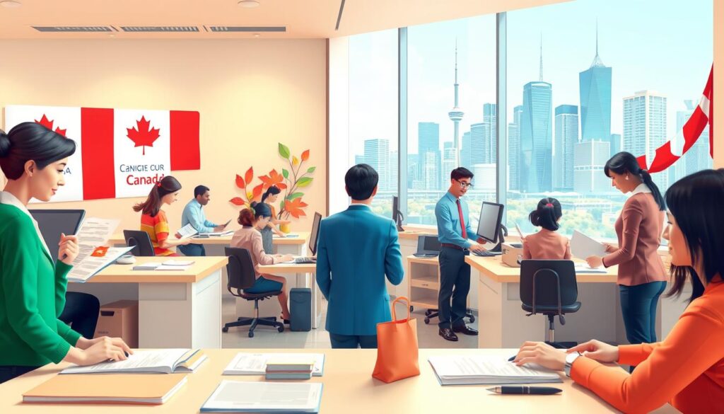 Detailed process of Canadian immigration application, depicted in a clean, professional illustration. Foreground shows diverse applicants filling out forms, providing documents, and interacting with government officials. Midground features an organized office setting with desks, computers, and informative signage. Background showcases the Canadian flag, maple leaves, and a modern cityscape with skyscrapers. Bright, warm lighting creates a positive, welcoming atmosphere. High-resolution, 3D-rendered scene captured from a slightly elevated, angled perspective to convey a sense of progress and advancement.