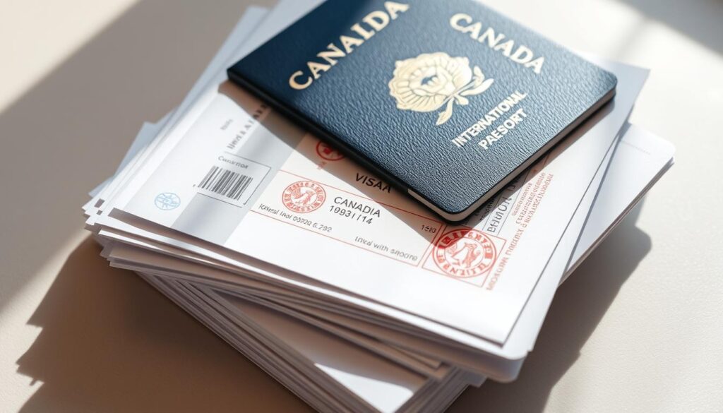 Detailed stack of official visa documentation, featuring a Canadian passport cover, international travel visa stamps, and application forms. The documents are arranged neatly on a neutral background, illuminated by soft, natural lighting that casts subtle shadows. The composition emphasizes the organized, authoritative nature of the visa requirements, conveying a sense of professionalism and attention to detail. The image should have a clean, minimalist aesthetic to complement the informative nature of the article section. Detailed stack of official visa documentation, featuring a Canadian passport cover, international travel visa stamps, and application forms. The documents are arranged neatly on a neutral background, illuminated by soft, natural lighting that casts subtle shadows. The composition emphasizes the organized, authoritative nature of the visa requirements, conveying a sense of professionalism and attention to detail. The image should have a clean, minimalist aesthetic to complement the informative nature of the article section.