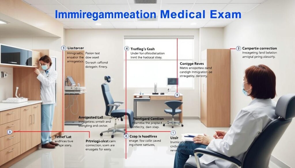 Detailed step-by-step guide depicting a medical examination process. Set in a modern, well-equipped medical clinic with clean, bright lighting. The foreground shows a patient seated in an examination chair, facing a medical professional performing various tests and procedures. The middle ground features medical equipment and instruments neatly arranged on a side table. The background showcases the clinic's interior design, with neutral-colored walls, sleek cabinets, and a large window providing natural illumination. The mood is professional, informative, and reassuring, guiding the viewer through the necessary steps of an immigration medical exam. Detailed step-by-step guide depicting a medical examination process. Set in a modern, well-equipped medical clinic with clean, bright lighting. The foreground shows a patient seated in an examination chair, facing a medical professional performing various tests and procedures. The middle ground features medical equipment and instruments neatly arranged on a side table. The background showcases the clinic's interior design, with neutral-colored walls, sleek cabinets, and a large window providing natural illumination. The mood is professional, informative, and reassuring, guiding the viewer through the necessary steps of an immigration medical exam.