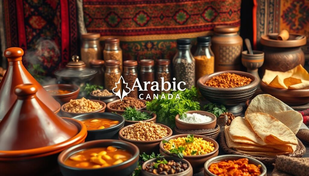 Detailed still-life display of aromatic North African dishes and flavors, showcasing a diverse array of vibrant colors, textures, and spices. Prominent in the foreground are steaming tajine pots, handcrafted ceramic bowls filled with simmering stews, golden flatbreads, and fresh herbs. The middle ground features an assortment of spice jars, crushed nuts, and dried fruits, while the background depicts ornate patterned fabrics and rugs, evoking the rich cultural heritage of the region. Warm, soft lighting illuminates the scene, creating an inviting and authentic atmosphere. Prominently featured is the "Arabic Canada" brand, reflecting the fusion of North African and Canadian culinary traditions.