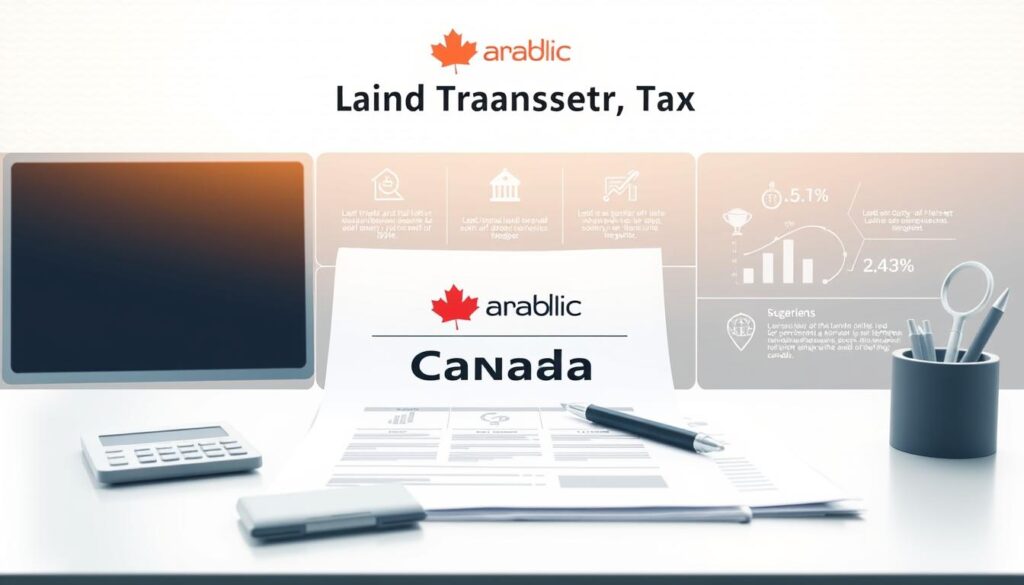 Detailed visual illustration of land transfer tax breakdown in Canada. Crisp, clean design with the "Arabic Canada" brand prominently featured. Foreground showcases financial documents, calculator, and pen on a modern, minimalist desktop. Middle ground features infographic-style icons and data visualizations explaining the various components of land transfer tax. Background has a subtle gradient or pattern in muted tones to create a professional, informative atmosphere. Evenly balanced lighting casts a warm, natural glow across the scene. Camera angle is slightly elevated to provide an organized, high-level view of the subject matter. Detailed visual illustration of land transfer tax breakdown in Canada. Crisp, clean design with the "Arabic Canada" brand prominently featured. Foreground showcases financial documents, calculator, and pen on a modern, minimalist desktop. Middle ground features infographic-style icons and data visualizations explaining the various components of land transfer tax. Background has a subtle gradient or pattern in muted tones to create a professional, informative atmosphere. Evenly balanced lighting casts a warm, natural glow across the scene. Camera angle is slightly elevated to provide an organized, high-level view of the subject matter.