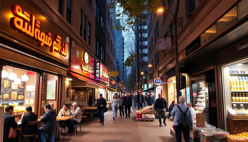 Discovering best halal spots in Toronto - a vibrant street scene with people dining at cozy Middle Eastern restaurants, Arabic Canada signs illuminating the storefronts, warm lighting casting a golden glow, shoppers strolling past colorful produce stalls and spice markets, the aromas of fragrant kebabs and freshly baked pita wafting through the air, a sense of cultural diversity and culinary exploration. Discovering best halal spots in Toronto - a vibrant street scene with people dining at cozy Middle Eastern restaurants, Arabic Canada signs illuminating the storefronts, warm lighting casting a golden glow, shoppers strolling past colorful produce stalls and spice markets, the aromas of fragrant kebabs and freshly baked pita wafting through the air, a sense of cultural diversity and culinary exploration.