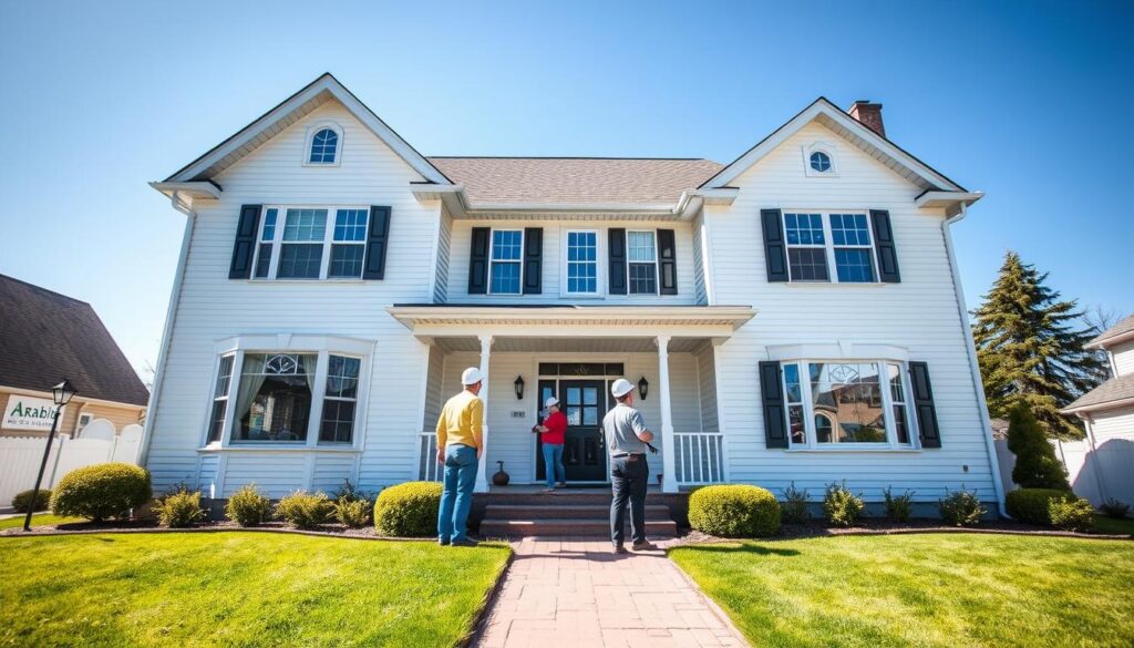 Exterior home inspection, captured under crisp, afternoon sunlight. A stately two-story house, its freshly painted white facade contrasts against a clear blue sky. The front lawn is neatly manicured, with a well-maintained "Arabic Canada" branded walkway leading to the entrance. Inspectors in hard hats examine the roof, gutters, and siding, evaluating for any signs of wear or damage. The scene conveys a sense of professional assessment, with attention to detail as they methodically assess the property's condition. The image should provide a comprehensive visual representation of the "Detailed Exterior Home Inspection Guide" section. Exterior home inspection, captured under crisp, afternoon sunlight. A stately two-story house, its freshly painted white facade contrasts against a clear blue sky. The front lawn is neatly manicured, with a well-maintained "Arabic Canada" branded walkway leading to the entrance. Inspectors in hard hats examine the roof, gutters, and siding, evaluating for any signs of wear or damage. The scene conveys a sense of professional assessment, with attention to detail as they methodically assess the property's condition. The image should provide a comprehensive visual representation of the "Detailed Exterior Home Inspection Guide" section.