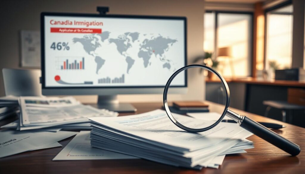 Factors affecting Canadian immigration processing: A crisp, photorealistic image of a desk with various immigration-related documents, application forms, and a computer displaying statistics and timelines. In the foreground, a magnifying glass examines a stack of papers, symbolizing the detailed scrutiny of applications. The middle ground features a world map with Canada highlighted, emphasizing the global reach of the immigration system. The background showcases a serene, minimalist office setting with warm lighting, conveying a sense of professionalism and efficiency. The overall mood is one of thoughtful analysis and diligent processing of immigration cases. Factors affecting Canadian immigration processing: A crisp, photorealistic image of a desk with various immigration-related documents, application forms, and a computer displaying statistics and timelines. In the foreground, a magnifying glass examines a stack of papers, symbolizing the detailed scrutiny of applications. The middle ground features a world map with Canada highlighted, emphasizing the global reach of the immigration system. The background showcases a serene, minimalist office setting with warm lighting, conveying a sense of professionalism and efficiency. The overall mood is one of thoughtful analysis and diligent processing of immigration cases.