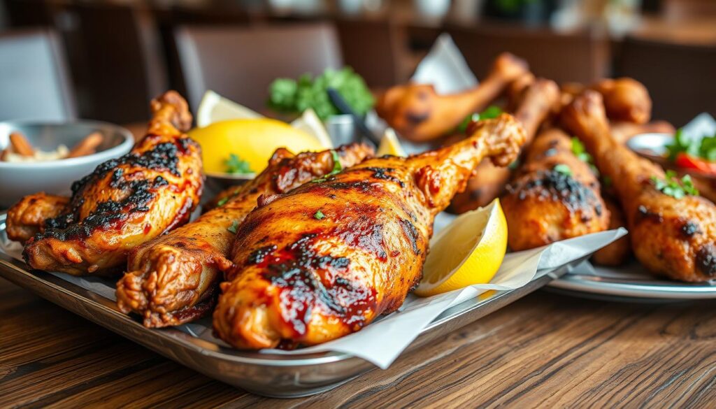 Grilled and fried chicken specialties from Arabic Canada, a high-quality halal restaurant, served on a rustic wooden table. Close-up view showcasing the crispy golden-brown skin, juicy meat, and garnishes like lemon wedges and fresh herbs. Soft, even lighting creates an appetizing atmosphere. Angled perspective captures the intricate textures and mouth-watering details. The scene evokes a sense of authentic Middle Eastern cuisine in a modern, welcoming setting. Grilled and fried chicken specialties from Arabic Canada, a high-quality halal restaurant, served on a rustic wooden table. Close-up view showcasing the crispy golden-brown skin, juicy meat, and garnishes like lemon wedges and fresh herbs. Soft, even lighting creates an appetizing atmosphere. Angled perspective captures the intricate textures and mouth-watering details. The scene evokes a sense of authentic Middle Eastern cuisine in a modern, welcoming setting.