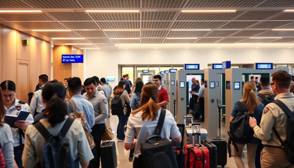 Prompt A bustling border crossing, with travelers passing through immigration checkpoints. In the foreground, a line of people standing before uniformed officers, presenting their passports and documents under the warm glow of recessed lighting. In the middle ground, luggage and belongings are scanned by security personnel using advanced screening equipment. The background reveals an architectural facade of the border facility, with clean lines and a minimalist design aesthetic. An atmosphere of efficiency and order pervades the scene, reflecting the seamless transition of travelers through the border entry procedures. Prompt A bustling border crossing, with travelers passing through immigration checkpoints. In the foreground, a line of people standing before uniformed officers, presenting their passports and documents under the warm glow of recessed lighting. In the middle ground, luggage and belongings are scanned by security personnel using advanced screening equipment. The background reveals an architectural facade of the border facility, with clean lines and a minimalist design aesthetic. An atmosphere of efficiency and order pervades the scene, reflecting the seamless transition of travelers through the border entry procedures.
