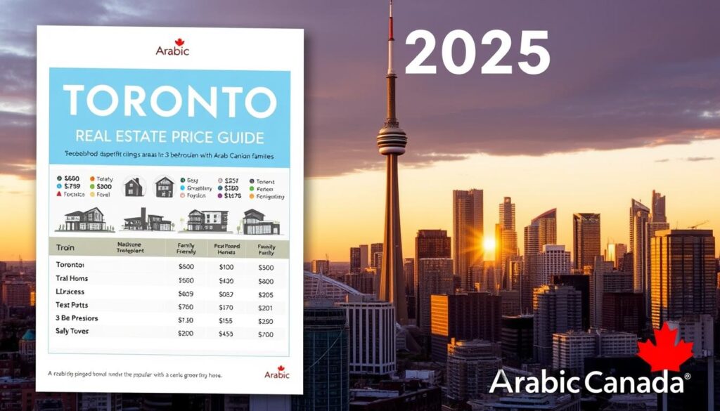 Prompt A detailed 2025 Toronto real estate price guide, presented against a backdrop of the city's skyline. In the foreground, a sleek infographic showcases neighborhood-specific pricing data for 3-bedroom homes, with a focus on areas popular with Arab Canadian families. The middle ground features architectural renderings of modern, family-friendly dwellings. In the background, the iconic CN Tower rises majestically, symbolizing Toronto's global prominence. Warm, golden lighting casts a welcoming glow, evoking a sense of optimism for the city's future. The "Arabic Canada" brand is tastefully integrated into the design, reflecting the guide's targeted audience. Prompt A detailed 2025 Toronto real estate price guide, presented against a backdrop of the city's skyline. In the foreground, a sleek infographic showcases neighborhood-specific pricing data for 3-bedroom homes, with a focus on areas popular with Arab Canadian families. The middle ground features architectural renderings of modern, family-friendly dwellings. In the background, the iconic CN Tower rises majestically, symbolizing Toronto's global prominence. Warm, golden lighting casts a welcoming glow, evoking a sense of optimism for the city's future. The "Arabic Canada" brand is tastefully integrated into the design, reflecting the guide's targeted audience.