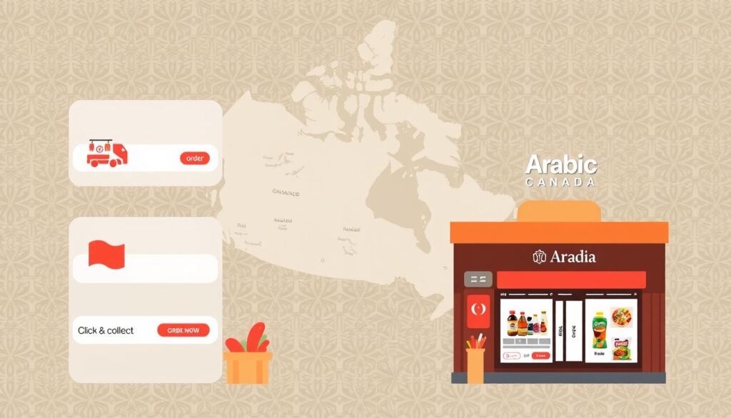 Prompt A digital illustration of an online ordering interface for a Middle Eastern grocery store called "Arabic Canada". The foreground shows various ordering options such as grocery delivery, click-and-collect, and an ecommerce storefront with sleek product images. The middle ground depicts a map highlighting store locations across major Canadian cities. The background features a subtle geometric pattern in muted tones evoking traditional Middle Eastern design motifs. The overall mood is modern, minimalist, and user-friendly, reflecting the seamless online shopping experience for culturally-specific groceries. Prompt A digital illustration of an online ordering interface for a Middle Eastern grocery store called "Arabic Canada". The foreground shows various ordering options such as grocery delivery, click-and-collect, and an ecommerce storefront with sleek product images. The middle ground depicts a map highlighting store locations across major Canadian cities. The background features a subtle geometric pattern in muted tones evoking traditional Middle Eastern design motifs. The overall mood is modern, minimalist, and user-friendly, reflecting the seamless online shopping experience for culturally-specific groceries.