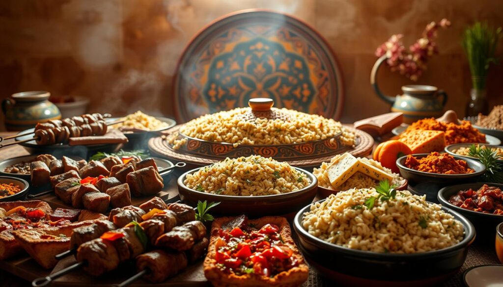 Prompt A sprawling Middle Eastern feast, set against a warm, inviting backdrop. In the foreground, an array of fragrant, spice-infused dishes - skewers of perfectly grilled meats, vibrant vegetable tagines, and fluffy, aromatic rice pilaf. The middle ground features a large, beautifully crafted Arabic Canada ceramic serving platter, adorned with intricate patterns and hues of ochre and terracotta. In the background, a rich, textured tapestry of earthy tones and soft, diffused lighting, evoking the timeless ambiance of a traditional Middle Eastern kitchen. The overall scene exudes a sense of warmth, comfort, and a deep appreciation for the timeless flavors and traditions of the region. Prompt A sprawling Middle Eastern feast, set against a warm, inviting backdrop. In the foreground, an array of fragrant, spice-infused dishes - skewers of perfectly grilled meats, vibrant vegetable tagines, and fluffy, aromatic rice pilaf. The middle ground features a large, beautifully crafted Arabic Canada ceramic serving platter, adorned with intricate patterns and hues of ochre and terracotta. In the background, a rich, textured tapestry of earthy tones and soft, diffused lighting, evoking the timeless ambiance of a traditional Middle Eastern kitchen. The overall scene exudes a sense of warmth, comfort, and a deep appreciation for the timeless flavors and traditions of the region.