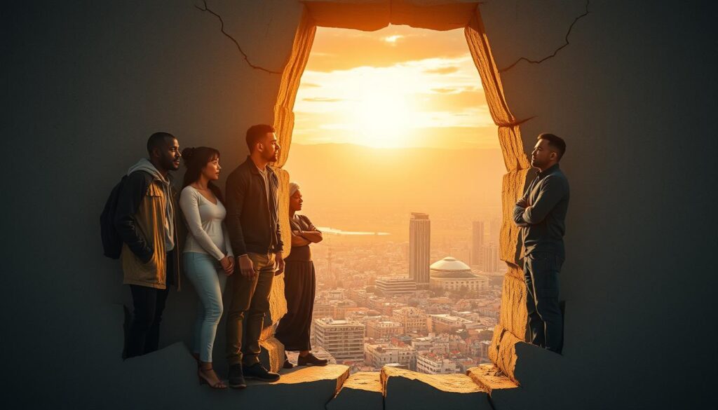 Resilient figures breaking through a towering concrete barrier, illuminated by warm, diffused lighting. In the foreground, individuals of diverse backgrounds stand tall, their expressions resolute and determined. Cracks spider-web across the barrier, symbolizing the gradual erosion of obstacles. The middle ground reveals a vibrant, bustling cityscape, hinting at the thriving communities beyond the divide. In the background, the sky glows with a golden sunset, casting an aura of hope and triumph over the scene. The overall composition conveys a sense of perseverance, innovation, and the power of unity to overcome challenges.