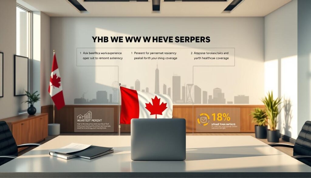 Sleek and professional-looking office scene, with a large desk showcasing a laptop, documents, and a Canadian flag. Soft, natural lighting illuminates the space, creating a warm and welcoming atmosphere. In the middle ground, a series of informative infographics and charts highlighting the key benefits of a Canadian work permit, such as work experience, potential for permanent residency, and healthcare coverage. The background features a modern, minimalist cityscape, representing the opportunities available to work permit holders in Canada. The overall composition conveys a sense of productivity, opportunity, and the advantages of obtaining a Canadian work permit. Sleek and professional-looking office scene, with a large desk showcasing a laptop, documents, and a Canadian flag. Soft, natural lighting illuminates the space, creating a warm and welcoming atmosphere. In the middle ground, a series of informative infographics and charts highlighting the key benefits of a Canadian work permit, such as work experience, potential for permanent residency, and healthcare coverage. The background features a modern, minimalist cityscape, representing the opportunities available to work permit holders in Canada. The overall composition conveys a sense of productivity, opportunity, and the advantages of obtaining a Canadian work permit.