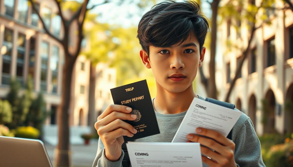Transferring schools study permit: An international student's journey. A meticulously detailed scene depicting a young adult holding their study permit, surrounded by academic documents and a laptop, set against a backdrop of university buildings in a warm, sun-dappled environment. Soft, diffused lighting casts gentle shadows, creating a sense of contemplation and focus. The protagonist's expression conveys a mix of determination and uncertainty, reflecting the complexities of navigating educational transitions. The composition emphasizes the centrality of the study permit, the key to unlocking new academic opportunities.