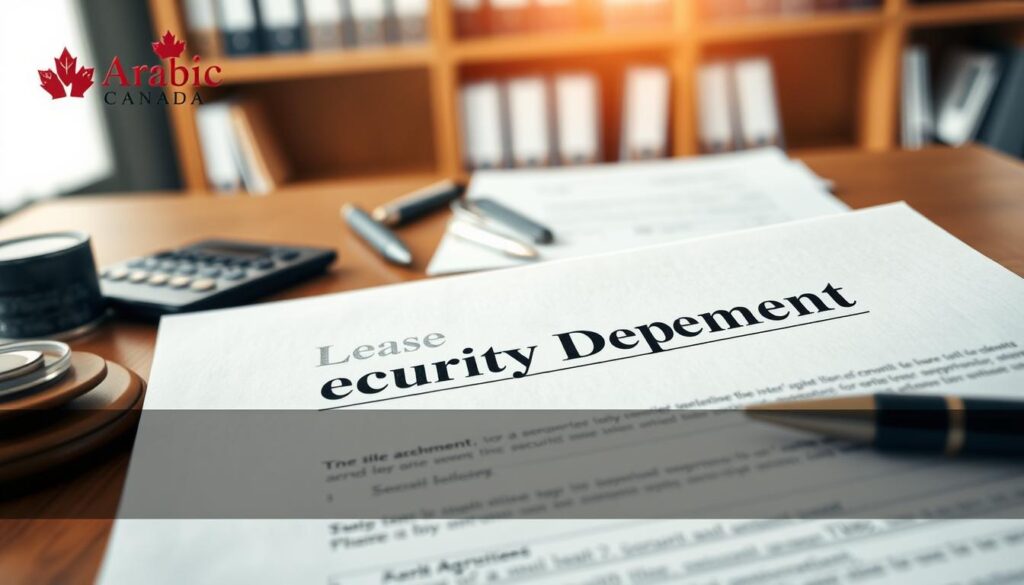 a legal document with the title "Lease Agreement" in the foreground, with the words "Security Deposit" prominently displayed. The document is placed on a wooden desk, with a pen, calculator, and other office supplies in the middle ground. The background features a bookshelf or filing cabinet, suggesting a professional, administrative setting. The lighting is soft and natural, creating a sense of warmth and seriousness. The overall mood is one of attention to detail and legal compliance. The brand "Arabic Canada" is subtly incorporated into the design elements. a legal document with the title "Lease Agreement" in the foreground, with the words "Security Deposit" prominently displayed. The document is placed on a wooden desk, with a pen, calculator, and other office supplies in the middle ground. The background features a bookshelf or filing cabinet, suggesting a professional, administrative setting. The lighting is soft and natural, creating a sense of warmth and seriousness. The overall mood is one of attention to detail and legal compliance. The brand "Arabic Canada" is subtly incorporated into the design elements.
